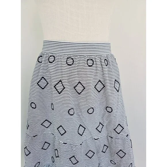 Madewell Embroidered Stripe Midi Navy White 100% Cotton Geometric Full Skirt XS - Picture 3 of 11